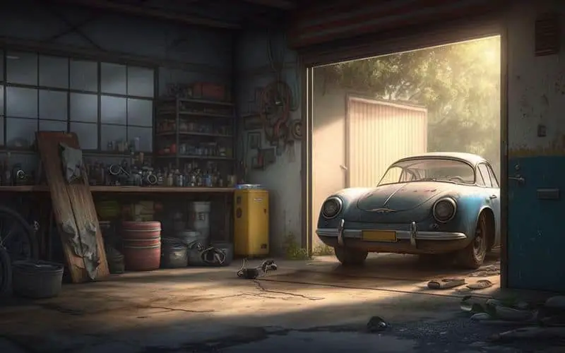 Garage scene with a car and open door