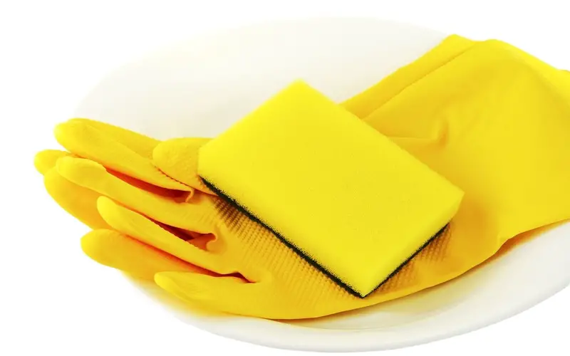 Cleaning sponge and rubber gloves
